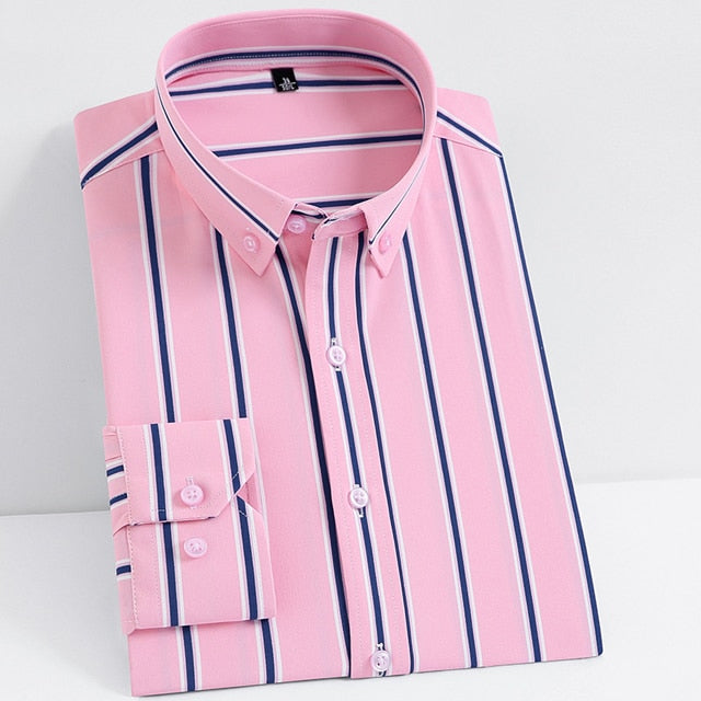 Slight Strech Soft Striped Dress Shirts Without Pocket Long Sleeve