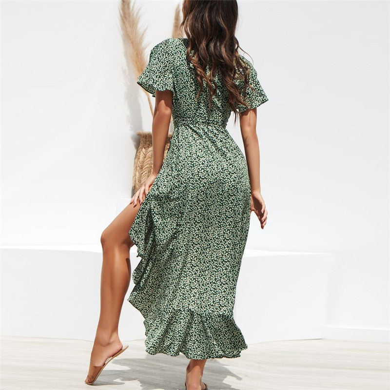 ParGrace Floral Print Boho Long Chiffon Dress Ruffles Wrap Casual V-Neck Split