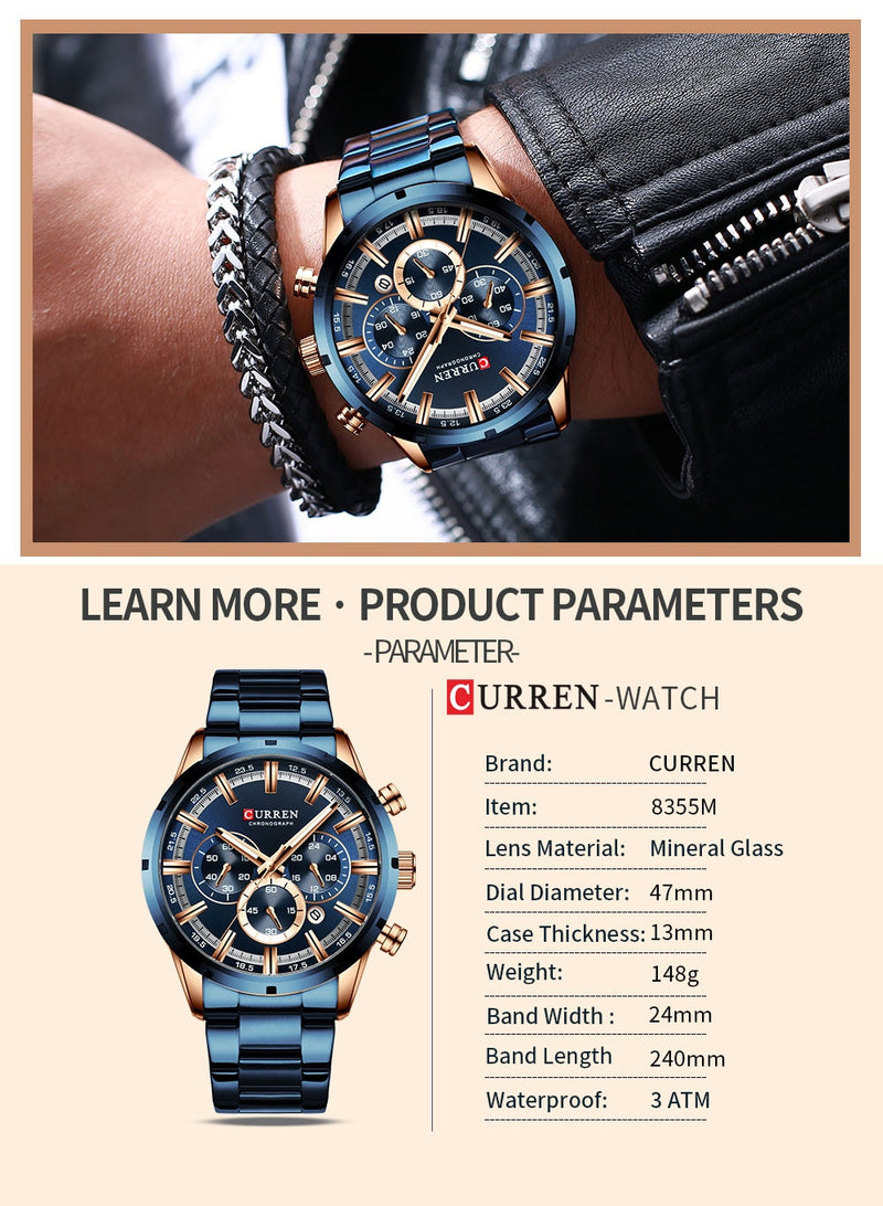 CURREN 2023 Watches with Stainless Steel Top Brand Luxury Sports Chronograph Quartz