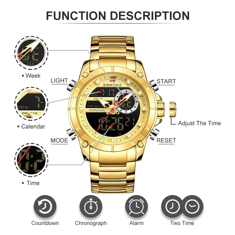 NAVIFORCE Luxury Original Sports Wrist Watch Quartz Steel Waterproof Dual Display