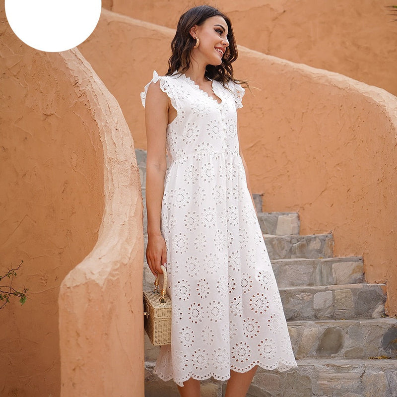 ParGrace Solid Hollow Out Pure Cotton fashion White dress