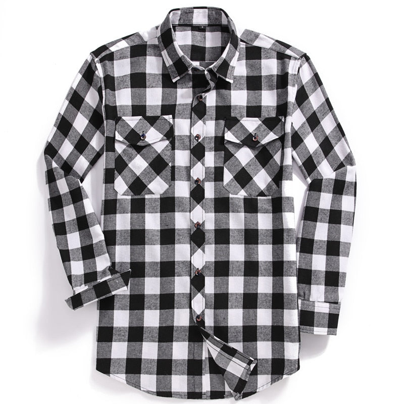 ParGrace Plaid Flannel Shirt Long-Sleeved Chest Two Pocket Design Fashion Printed-Button