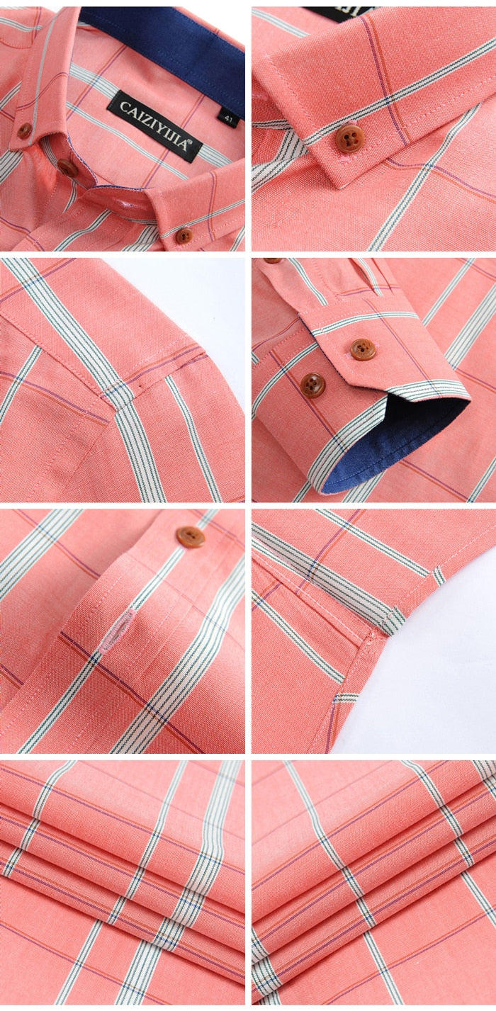 ParGrace 100% Cotton Long Sleeve Contrast Plaid Checkered Shirt Pocket-less Design