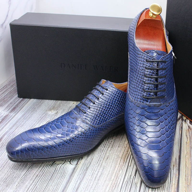 ParGrace Luxury Men Leather Shoes Snake Skin Print Pointed Toe Lace Up Oxford
