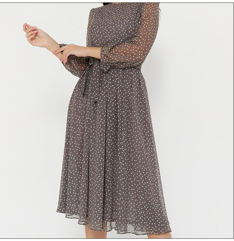 ParGrace  Long Sleeve Polka Dress O Neck Chiffon A Line