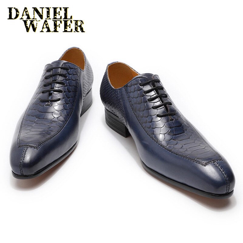 Luxury Man Genuine Leather Shoes Snake Skin Prints Formal Black Blue Lace Up