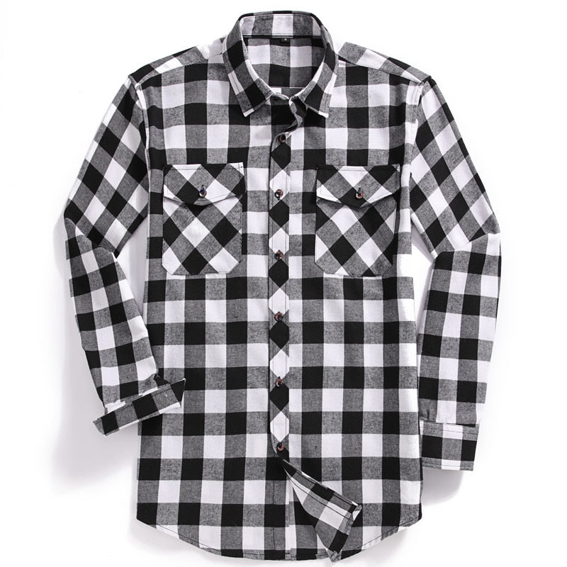 ParGrace Plaid Flannel Shirt Long-Sleeved Chest Two Pocket Design Fashion Printed-Button