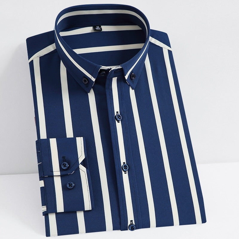 Slight Strech Soft Striped Dress Shirts Without Pocket Long Sleeve