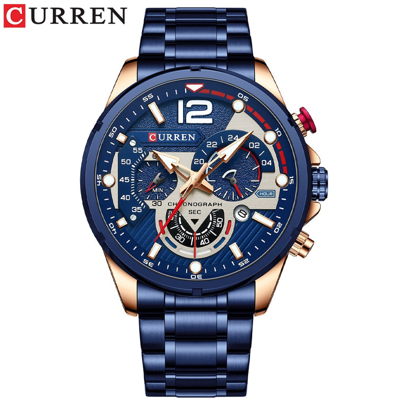 CURREN  Sport Quartz Chronograph Wristwatches Luxury Stainless Steel Clock with Luminous