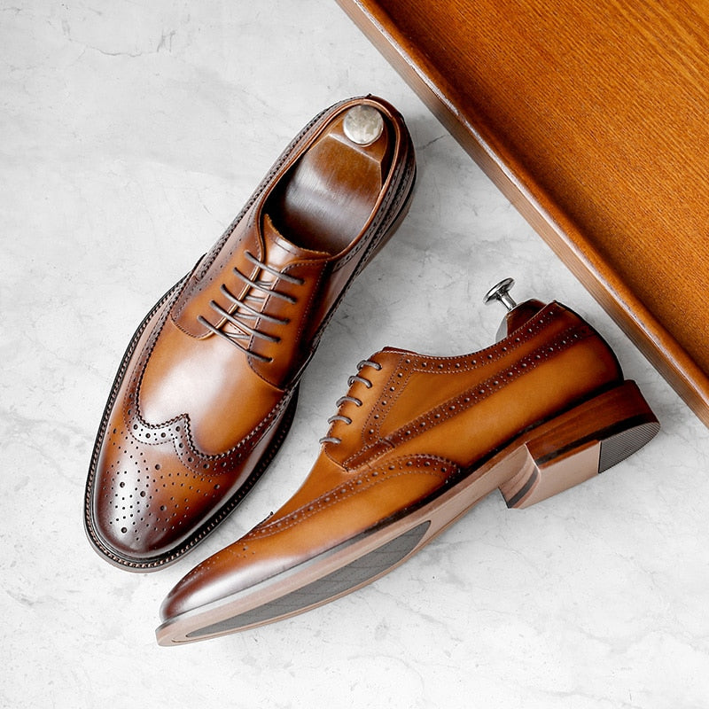 ParGrace Genuine Leather Derby Business Dress Gentleman Classic Design  Brogue Carved