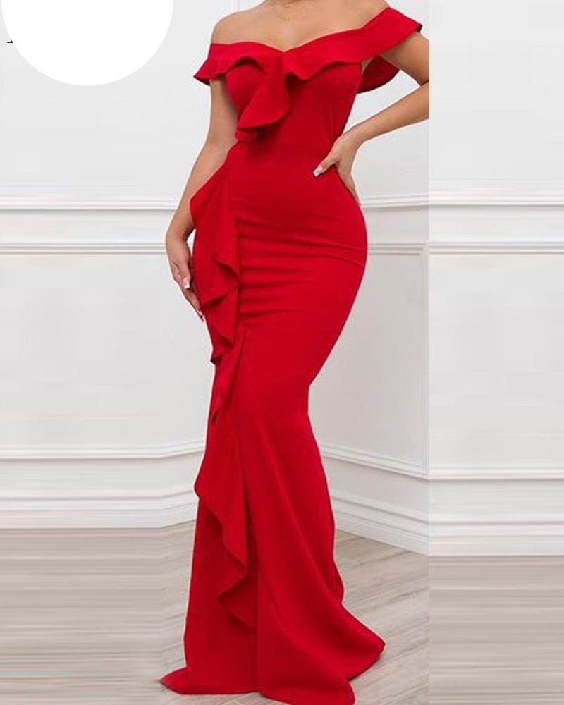 ParGrace Red Off Shoulder Ruffles Skinny Mermaid Dress