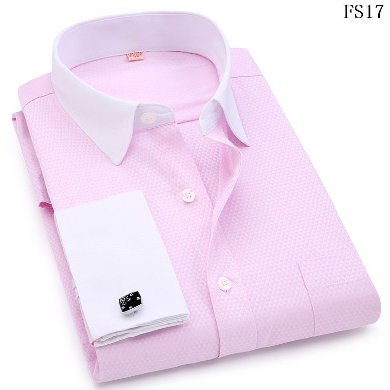 ParGrace French Cufflinks Shirts  Design Solid Color Jacquard Fabric