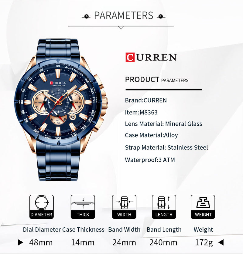 CURREN  Casual Sport Chronograph Watches Big Dial Quartz  with Luminous Pointers