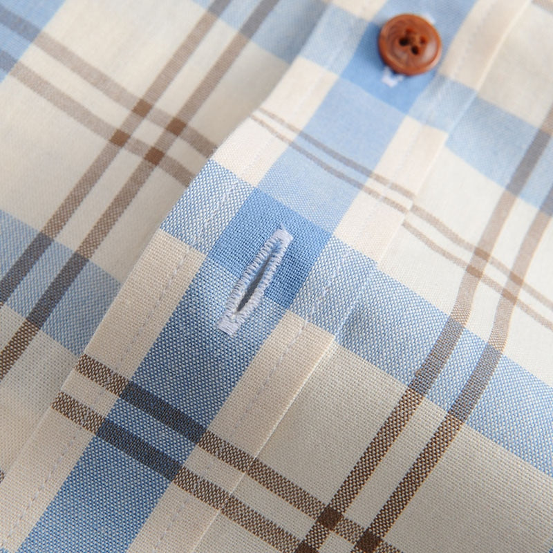 ParGrace 100% Cotton Long Sleeve Contrast Plaid Checkered Shirt Pocket-less Design