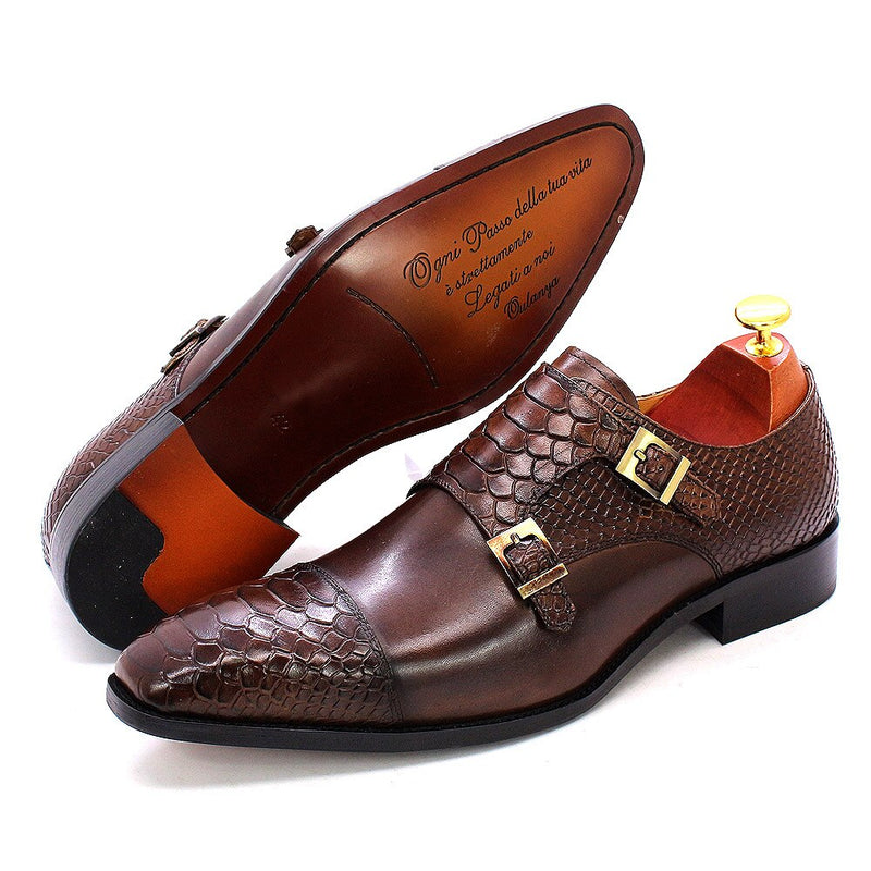 ParGrace Genuine Leather Double Buckle Monk Strap Snake Print Cap Toe