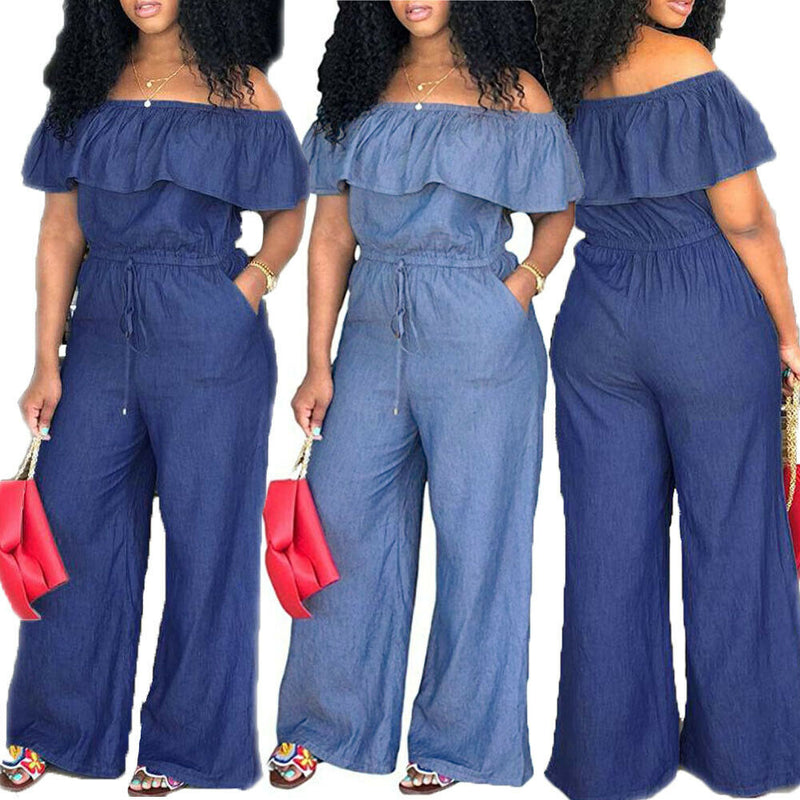 ParGrace Denim Jeans Bib Full Length  Causal Jumpsuit Pants