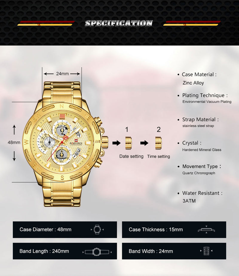 NAVIFORCE Sport Waterproof  Watches Stainless Steel Fashion Luxury Gold Watch