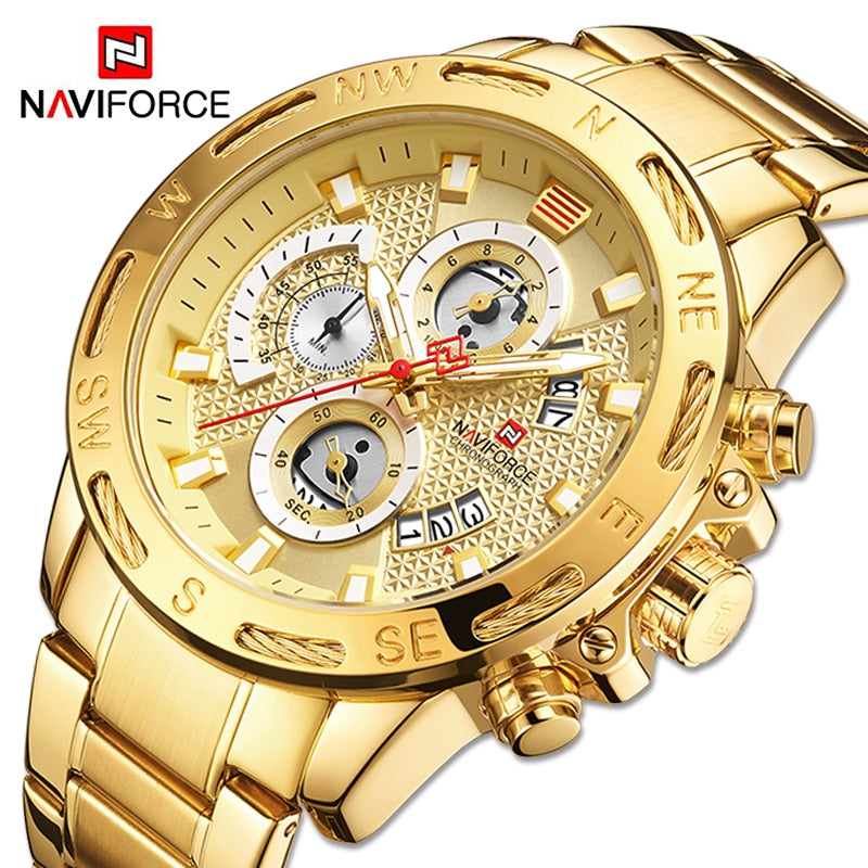 NAVIFORCE Sport Waterproof  Watches Stainless Steel Fashion Luxury Gold Watch