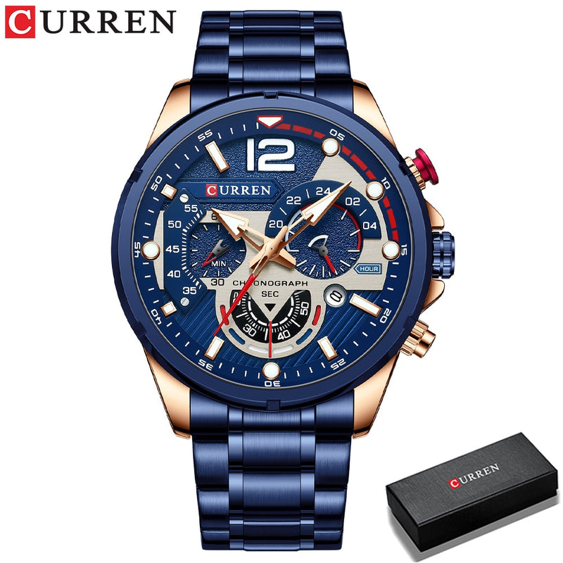 CURREN  Sport Quartz Chronograph Wristwatches Luxury Stainless Steel Clock with Luminous