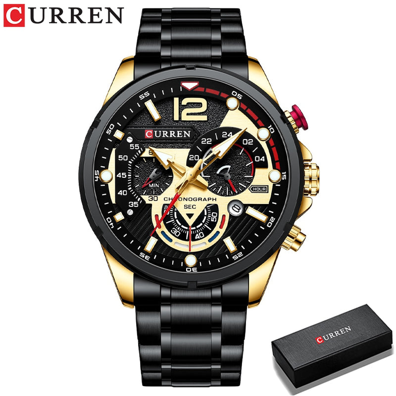 CURREN  Sport Quartz Chronograph Wristwatches Luxury Stainless Steel Clock with Luminous