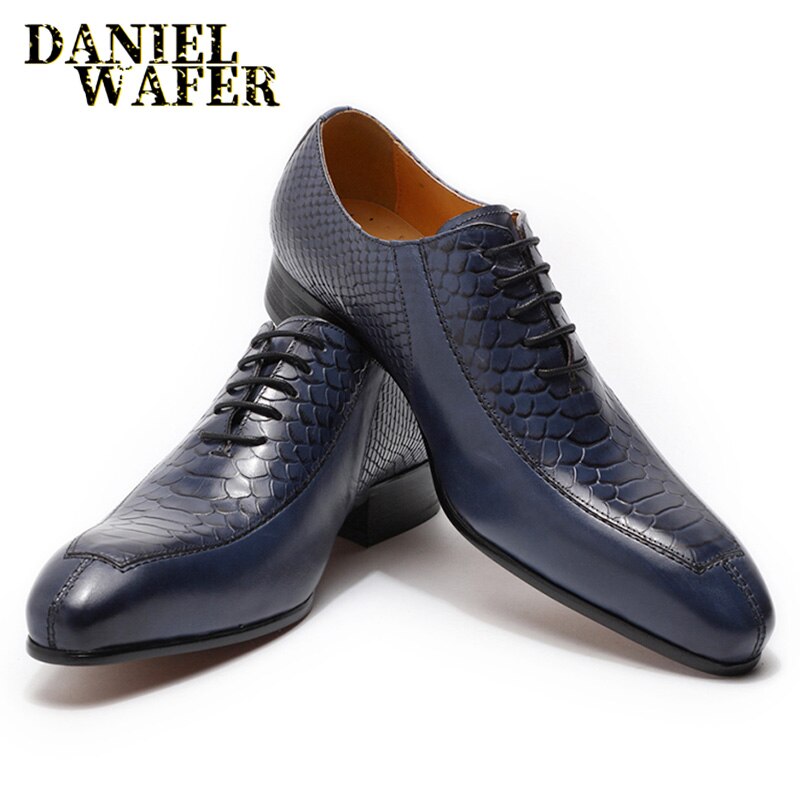 Luxury Man Genuine Leather Shoes Snake Skin Prints Formal Black Blue Lace Up