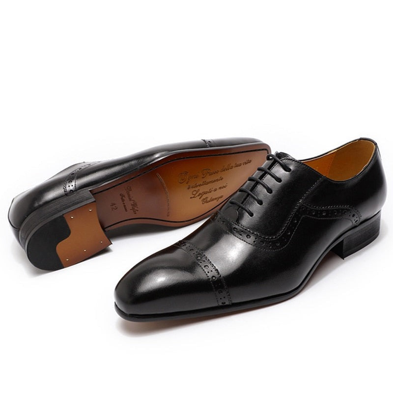 Black Pointed Cap Toe Lace Up Oxford Genuine Leather