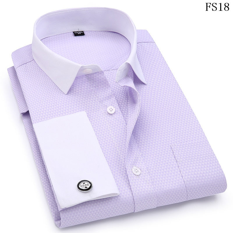 ParGrace French Cufflinks Shirts  Design Solid Color Jacquard Fabric