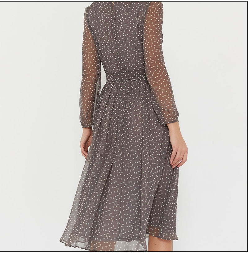 ParGrace  Long Sleeve Polka Dress O Neck Chiffon A Line