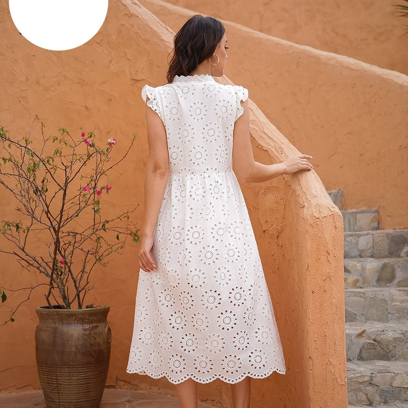 ParGrace Solid Hollow Out Pure Cotton fashion White dress