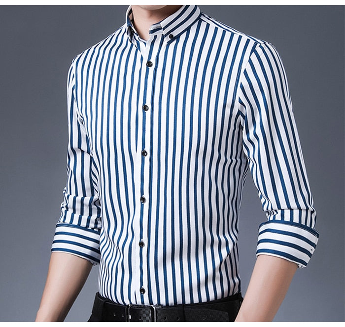 Slight Strech Soft Striped Dress Shirts Without Pocket Long Sleeve