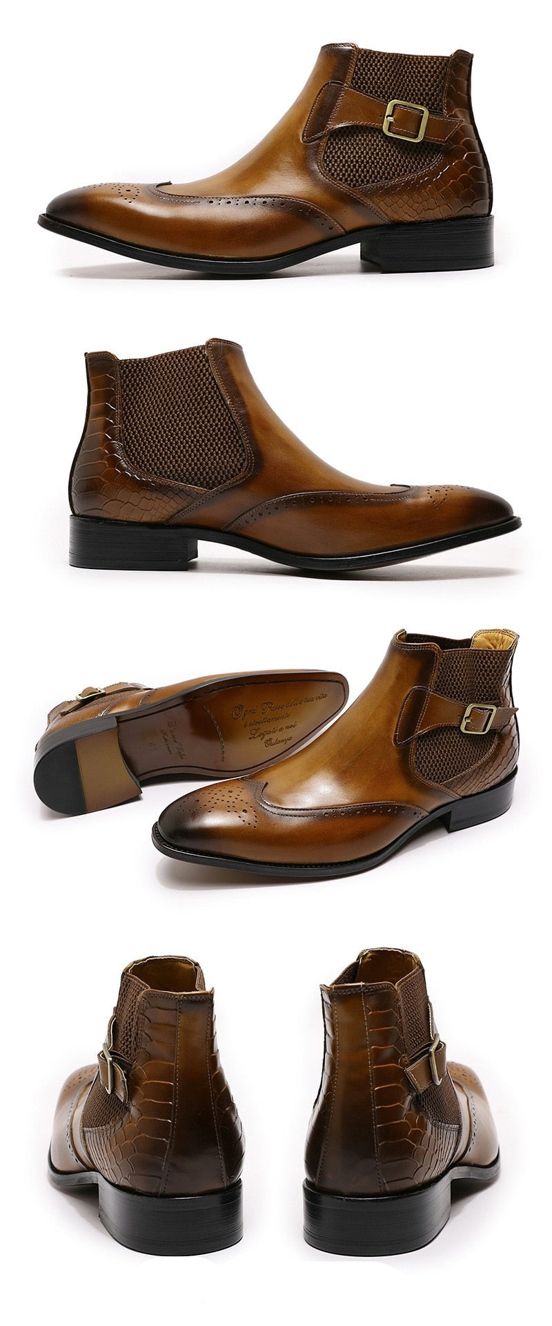 ParGrace Luxury Chelsea Boots Genuine Leather On Buckle Strap Wingtip