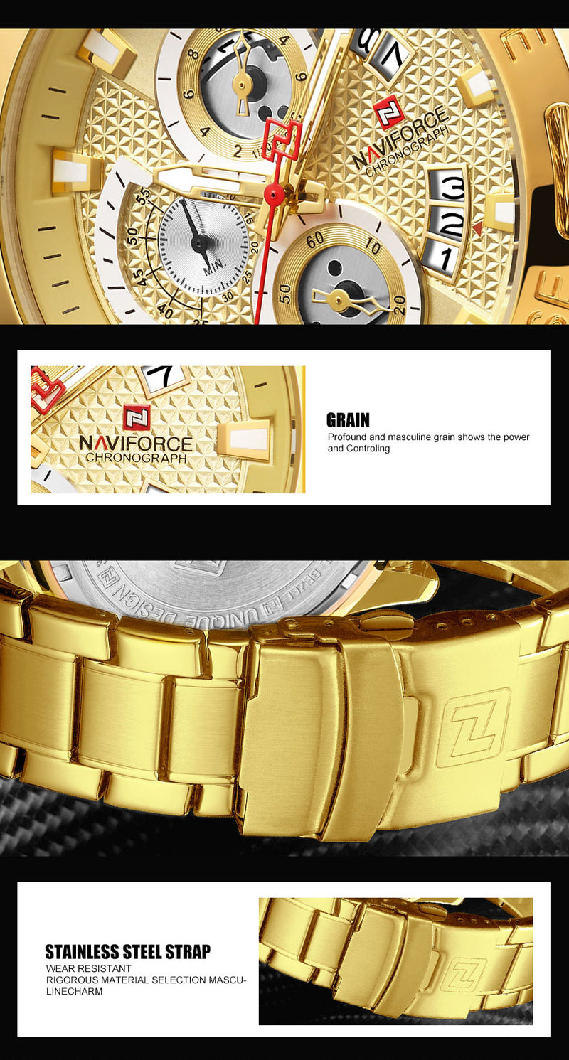 NAVIFORCE Sport Waterproof  Watches Stainless Steel Fashion Luxury Gold Watch