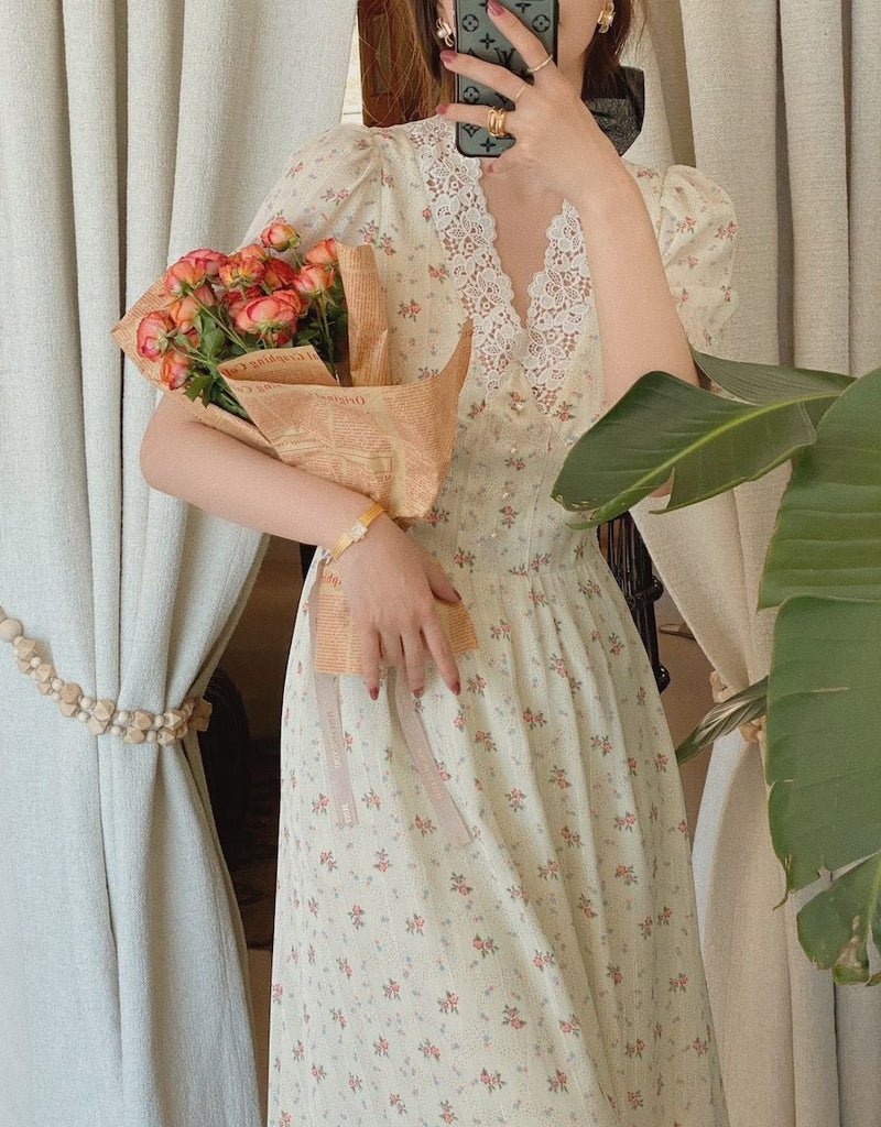 ParGrace Vintage Floral Dress Women Elegant Lace Chiffon Dress