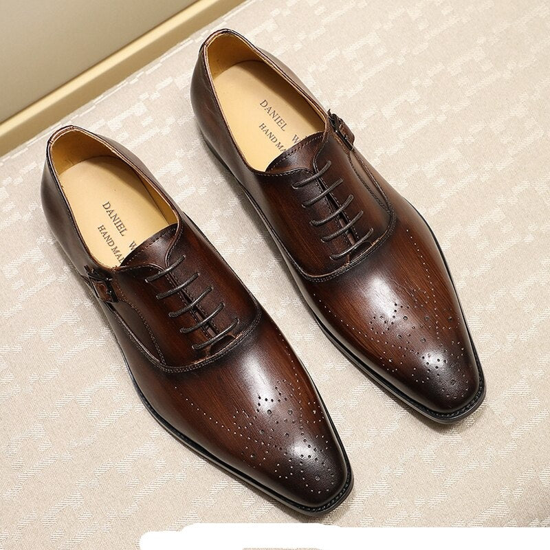 ParGrace Genuine Leather Oxford Shoes Buckle Lace-Up