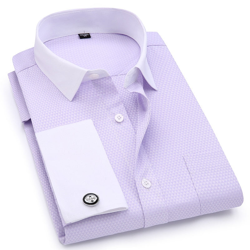 ParGrace French Cufflinks Shirts  Design Solid Color Jacquard Fabric