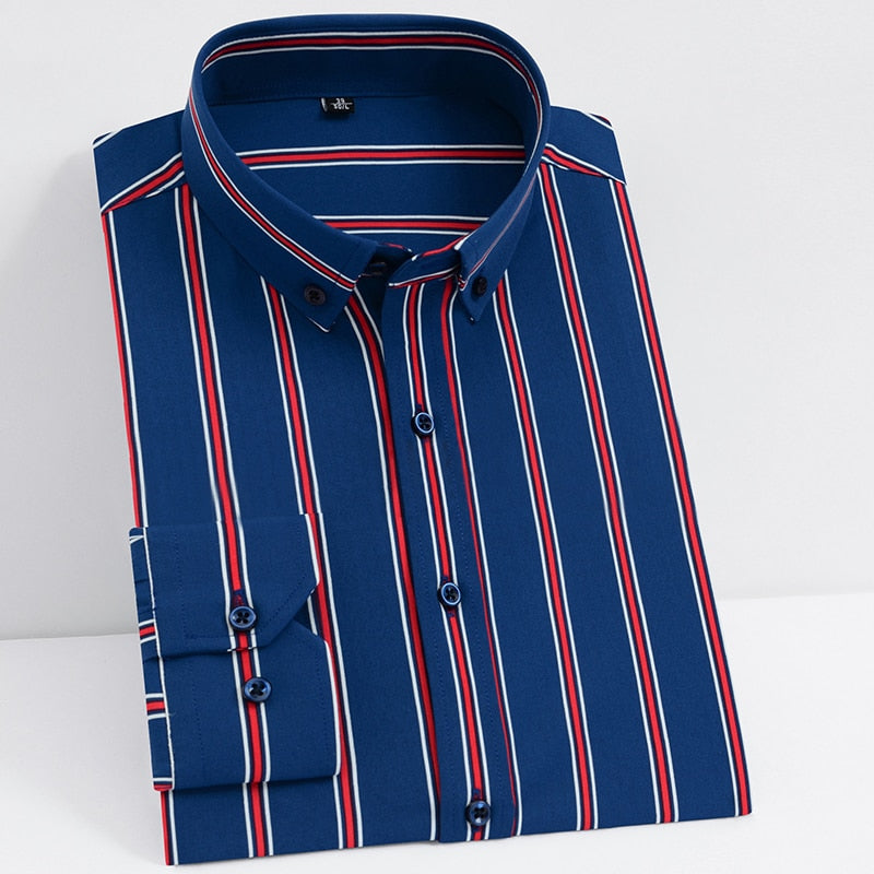 Slight Strech Soft Striped Dress Shirts Without Pocket Long Sleeve