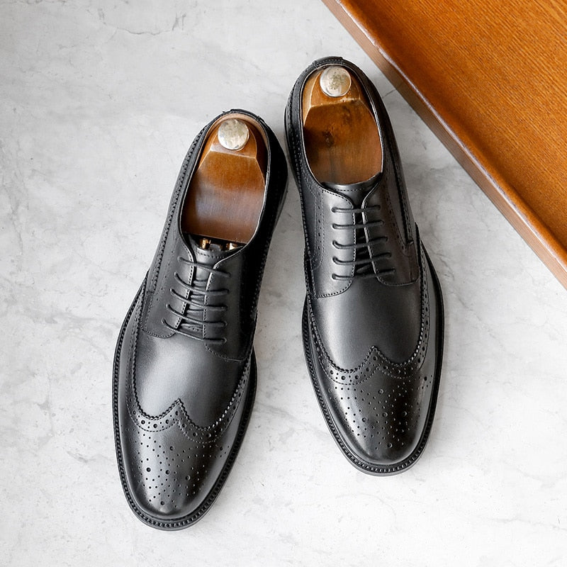 ParGrace Genuine Leather Derby Business Dress Gentleman Classic Design  Brogue Carved