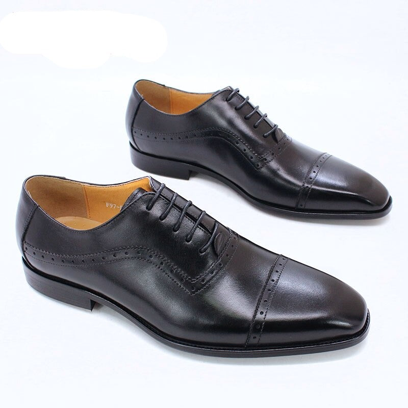 Elegant Men Oxford Shoes Brogue Genuine Leather Black Brown Classic Cap Toe