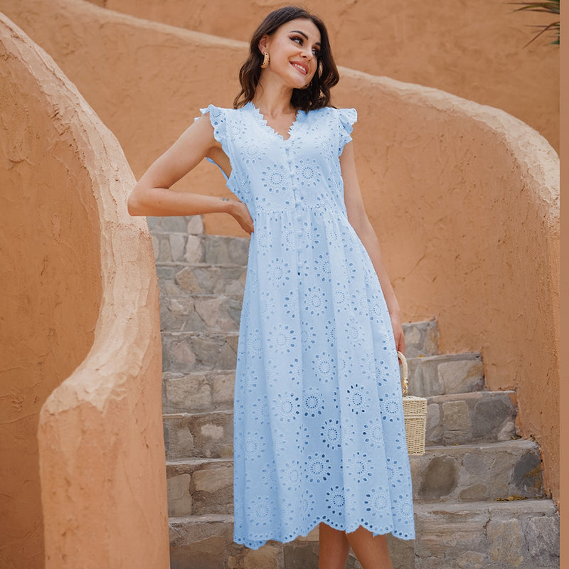 ParGrace Solid Hollow Out Pure Cotton fashion dress