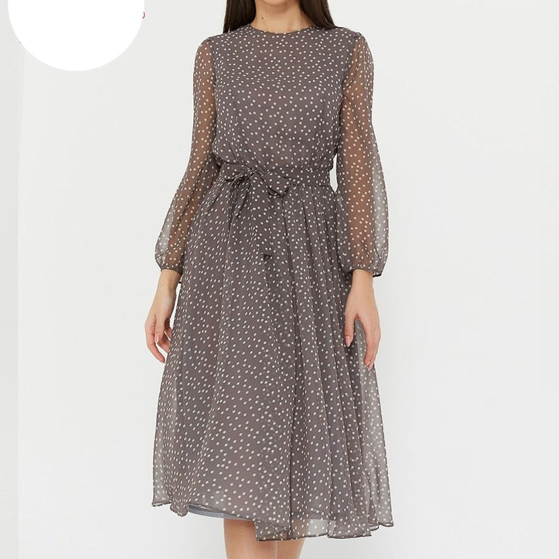 ParGrace  Long Sleeve Polka Dress O Neck Chiffon A Line