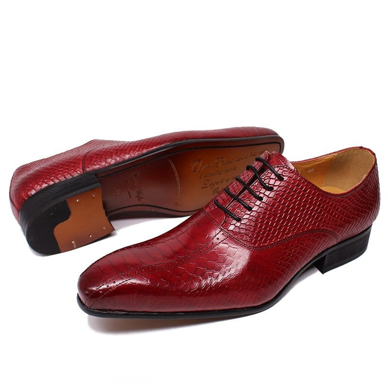 ParGrace Handmade  Genuine Leather Shoes  Black Red Lace Up Pointed Toe Snake Prints