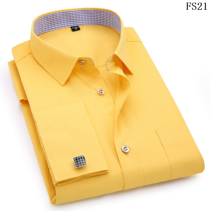 ParGrace French Cufflinks Shirts  Design Solid Color Jacquard Fabric