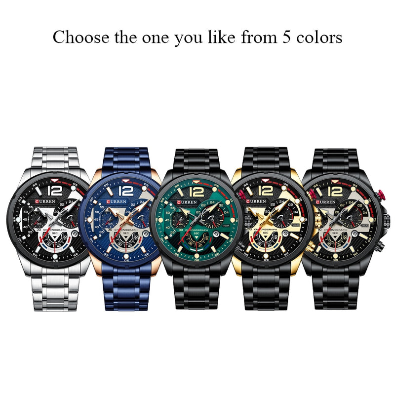 CURREN  Sport Quartz Chronograph Wristwatches Luxury Stainless Steel Clock with Luminous