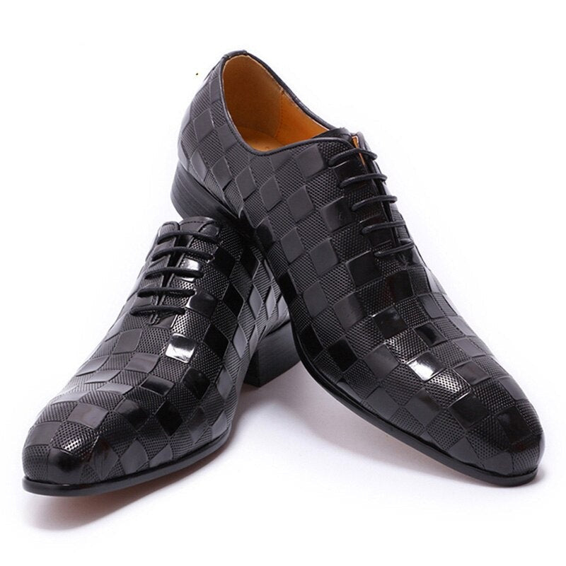 ParGrace Italian Leather  Fashion Plaid Print Lace-Up Oxford Shoes