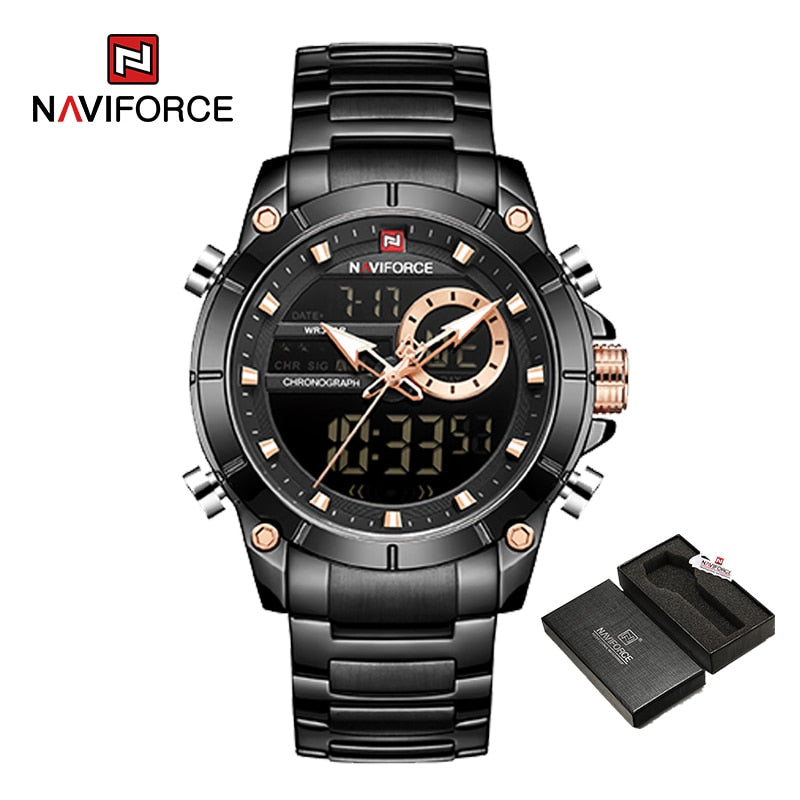 NAVIFORCE Luxury Original Sports Wrist Watch Quartz Steel Waterproof Dual Display
