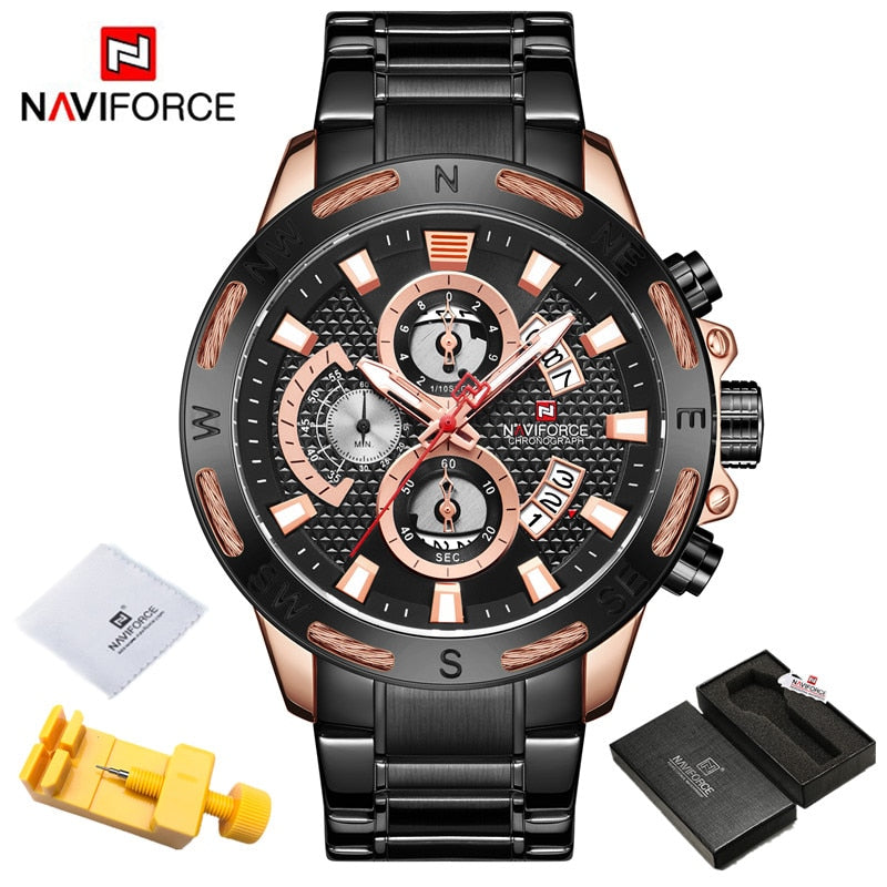 NAVIFORCE Sport Waterproof  Watches Stainless Steel Fashion Luxury Gold Watch