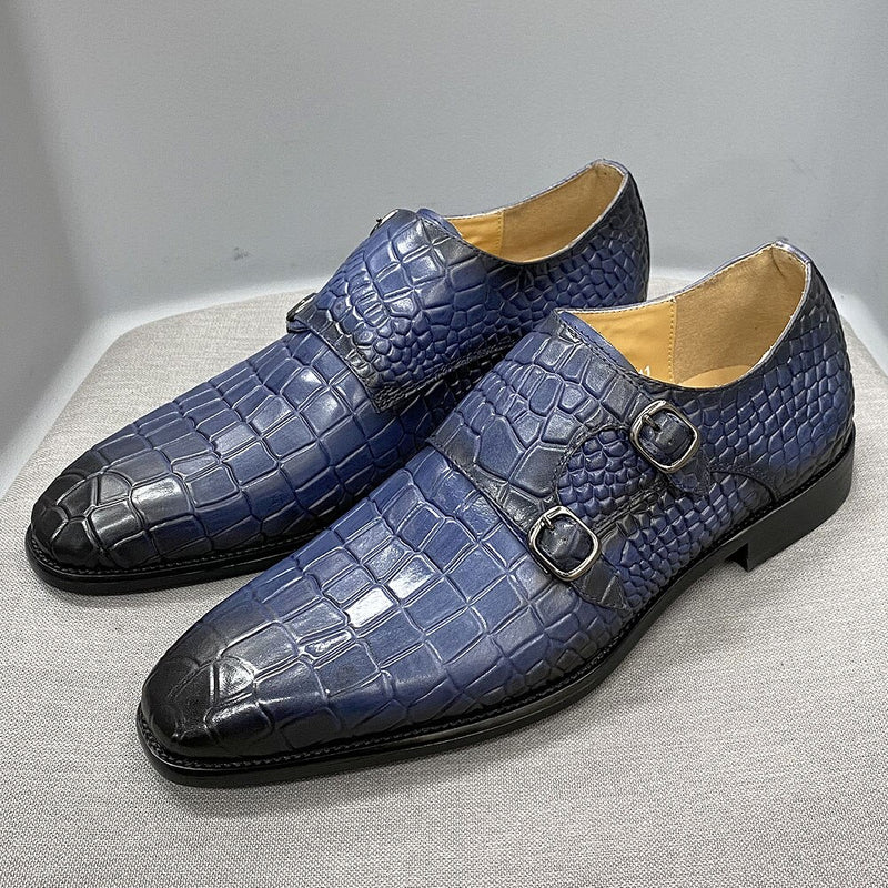 Real Leather Pointed Toe Double Buckles Alligator Parrint  Formal Business