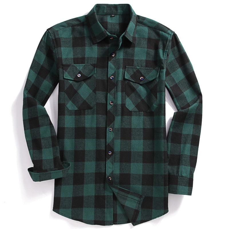 ParGrace Plaid Flannel Shirt Long-Sleeved Chest Two Pocket Design Fashion Printed-Button