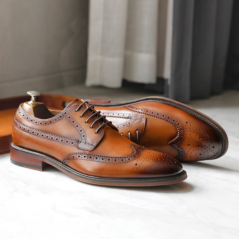 ParGrace Genuine Leather Derby Business Dress Gentleman Classic Design  Brogue Carved