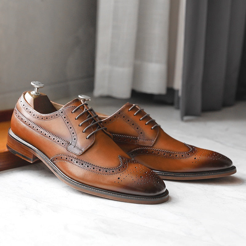 ParGrace Genuine Leather Derby Business Dress Gentleman Classic Design  Brogue Carved